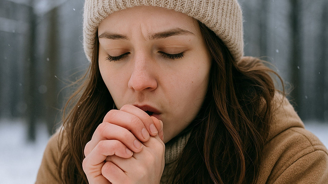 young woman breathing into her hands to warm them 