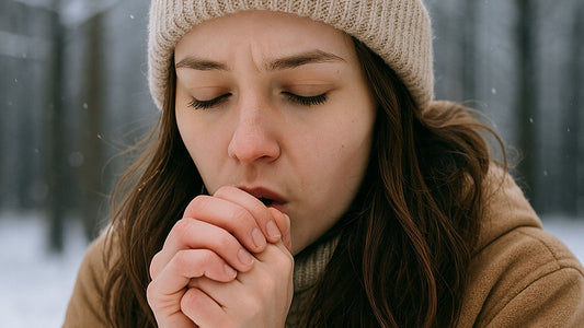 young woman breathing into her hands to warm them 